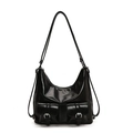 Borsa tote retrò in pelle cerata nera con doppie tasche frontali e fibbie in argento - Nero