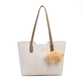 Borsa tote minimalista bianco crema in pelle PU con tracolle marroni e ciondolo di peluche - Senza Pendente / Bianco Sporco