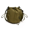 Army green nylon drawstring bucket bag with mesh side pockets and adjustable strap - Green