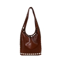 Sac bandoulière rétro marron en similicuir avec rivets argentés et forme hobo - Marron