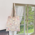 Sac fourre-tout en organza à fleurs rose bleu jaune avec étiquette de marque - Blanc