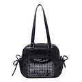 Black square ita bag tote with transparent heart pocket and fashion star print - Black