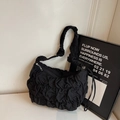 Chic black pleated cloud tote bag made of lightweight nylon with side fringe details - Black