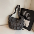 Large dark grey pleated cloud yoga bag with soft nylon shoulder strap and luxury texture - Gray