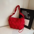 Fashionable bright red ruched shoulder bag with glossy pleated fabric and silver zipper - Burgundy