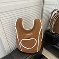 Mochila acolchada marrón con ribetes blancos y estampado de corazón de moda - Marrón