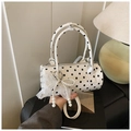 White polka dot cylinder handbag with pearl lace bow charm and silver hardware accents - With Pearl Bow Charm / White