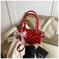 Red cylindrical polka dot handbag with large mesh bow and elegant pearl charms - With Pearl Bow Charm / Red