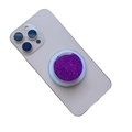 Close-up of sparkling purple glitter magnetic phone grip on a silver smartphone - Magnetic Stand / Purple Glitter
