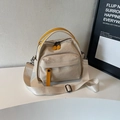 Borsa tote in tela beige con finiture in pelle gialla e ampia tracolla regolabile - Cachi
