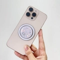 Detailed macro of the MagSafe phone holder with purple glitter and silver foil accents - Magnetic Stand / White Base Silver Foil