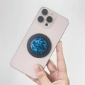 Detail of blue gold foil glitter epoxy phone grip stand on a pink smartphone - Magnetic Stand / Blue Foil (Black Base)
