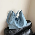 Borsa tote in denim azzurro con scritte in strass 'Very Good' e decoro con fiocco - Azzurro