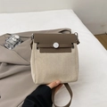 Fashionable beige canvas and brown leather crossbody bag with silver buckle - Khaki-White