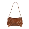 Brown punk rivet shoulder bag with glossy synthetic leather and triangle flap cover - Brown