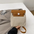 Beige canvas and brown leather crossbody square bag with silver metal round clasp - Brown-White