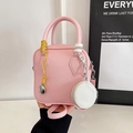 Rosa Handtasche aus Leder mit Lychee-Muster, gelber Kordel und kleinem Münztäschchen - Rosa