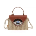 Bolso bandolera de paja francés con bordado de ojo y asa de cuero marrón - Marrón