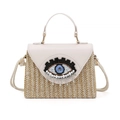 Bolso de paja bordado con ojo de la suerte y borlas de cuentas en color beige claro - Blanco Roto