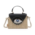 Bolso cuadrado de paja con bordado de ojo y flecos de diamantes en beige y negro - Negro