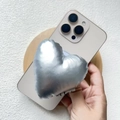 Detail of silver metallic fabric heart phone stand with telescopic grip on smartphone - Magnetic Stand / Silver Cotton Heart