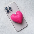 Close-up of a pink plush heart-shaped magnetic phone stand on a gold smartphone - Magnetic Stand / Rose Red Fabric Heart