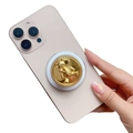 Detailed close-up of golden metallic teddy bear magnetic folding phone grip and stand - Magnetic Stand / Gold Base Gold Ring Bear