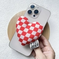Close-up of red and white checkered fabric heart phone grip with premium embroidered tag - Magnetic Stand / Red Checkered Cotton Heart