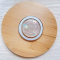 Macro detail of MagSafe phone grip with iridescent shell paper inlay on a wooden tray - Magnetic Stand / Dazzling White Shell Pattern