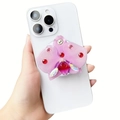 Pink orchid magnetic phone grip with diamonds on white smartphone back view - Translucent Pink-Purple Orchid (Rhinestone Orchid-7)