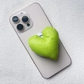 Detail of green puffy fabric heart phone socket with silk finish on metallic base - Magnetic Stand / Light Green Fabric Heart