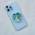 Macro detail of the Monstera Deliciosa Albo leaf pattern on a folding phone socket - Albo Variegated Monstera Leaf Style (9)