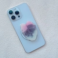 Detail of pink leaf phone grip with acrylic drip glue finish on a blue smartphone - Pink Purple Cream Variegated Block Style (14)