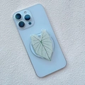 Detail of leaf-shaped acrylic phone grip on blue smartphone with green plant texture - White Base Green Vein Transparent Leaf Style (12)