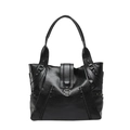 Borsa tote classica in pelle nera litchi con fibbia floreale argento e borchie - Nero