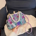 Sac brodé à fleurs rétro avec poignée en perles et bandoulière violette vintage - Violet