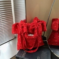 Sac fourre-tout plissé rouge à motif floral blanc avec étiquette Magic Pocket - Rouge