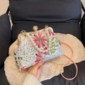 Sac à broderie florale rétro avec élégante poignée en perles et fermoir doré chic - Rose