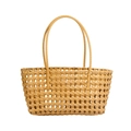 Minimalist woven leather tote bag in tan featuring classic geometric Intrecciato pattern - Khaki