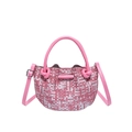 Pink and white woven bucket bag with leather top handles and adjustable shoulder strap - Deep Pink