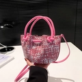 Pink and white woven bucket bag with knot handles and adjustable shoulder strap - Deep Pink