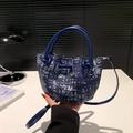 Blue woven texture bucket bag with leather handles and crossbody strap for women - Blue