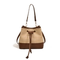 Woven straw bucket bag with dark brown leather trim and gold hardware in beige - Brown
