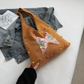 Chic yellow knitted tote bag with colorful beads and floral lace butterfly embroidery - Brown