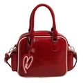 Large red glossy tote bag with white contrast piping and heart charm detail - 28x9x20cm / Red & White