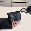Minimalist square folding wallet in black leather and grey patterned fabric - Black