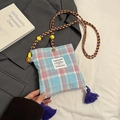 Piccola borsa a tracolla in tela a quadri con frange e tracolla in corda per cellulare - Carino Quadri Blu