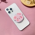 Close-up of cute pink acrylic bear phone grip on white phone over pink table - Pink Plaid Bow Blush Bear Style (8)