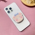 Detail of cute cartoon bear phone socket with blue bow on a white smartphone - Pink Blue Plaid Bow Bear Style (7)