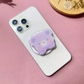 Detail of purple acrylic bear phone grip with plaid bow on a white smartphone back - Purple Translucent Plaid Bow Bear Style (5)